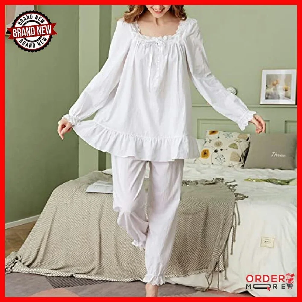 Women's Cotton Pajama Set Vintage Lace Long Sleeve Sleepwear